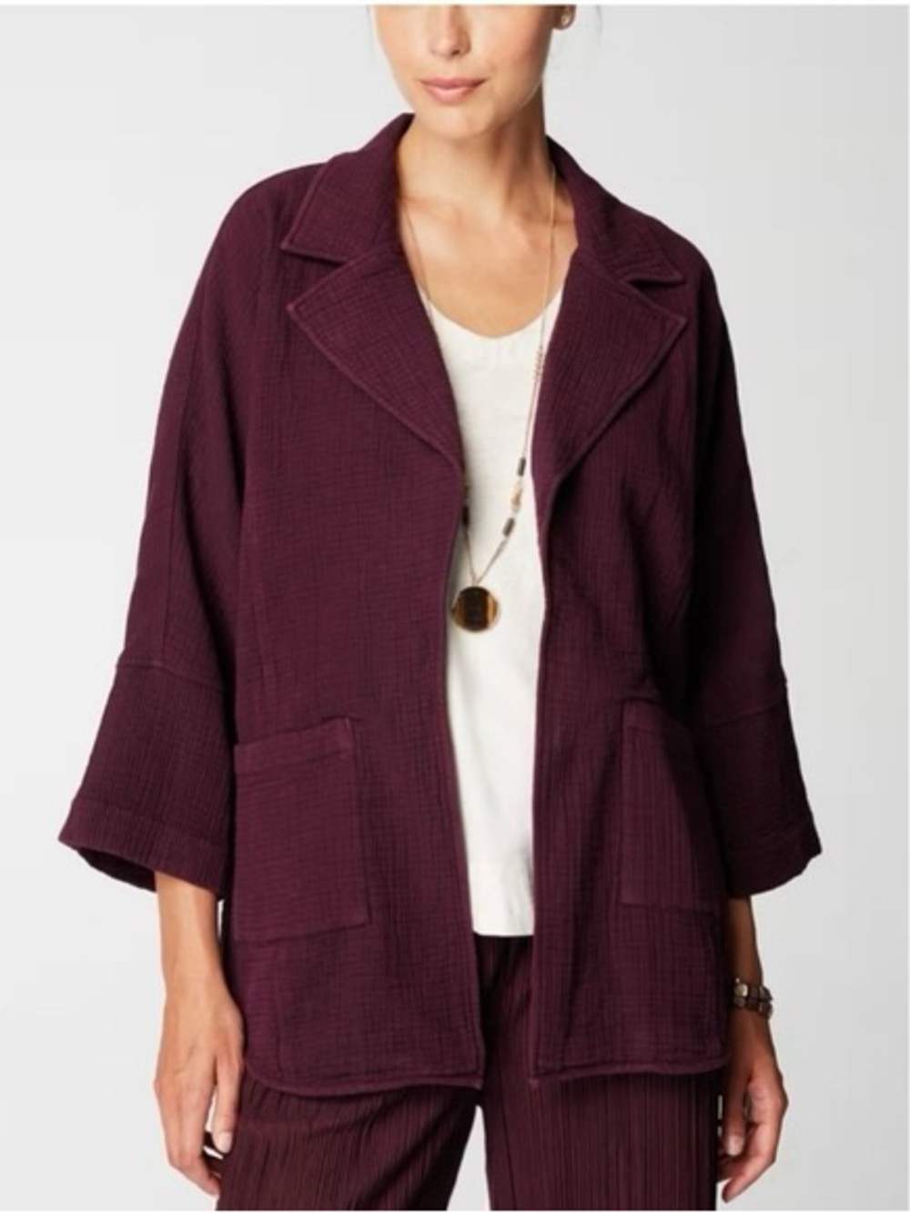 Relaxed Open-Front Blazer Jacket — Deep Plum